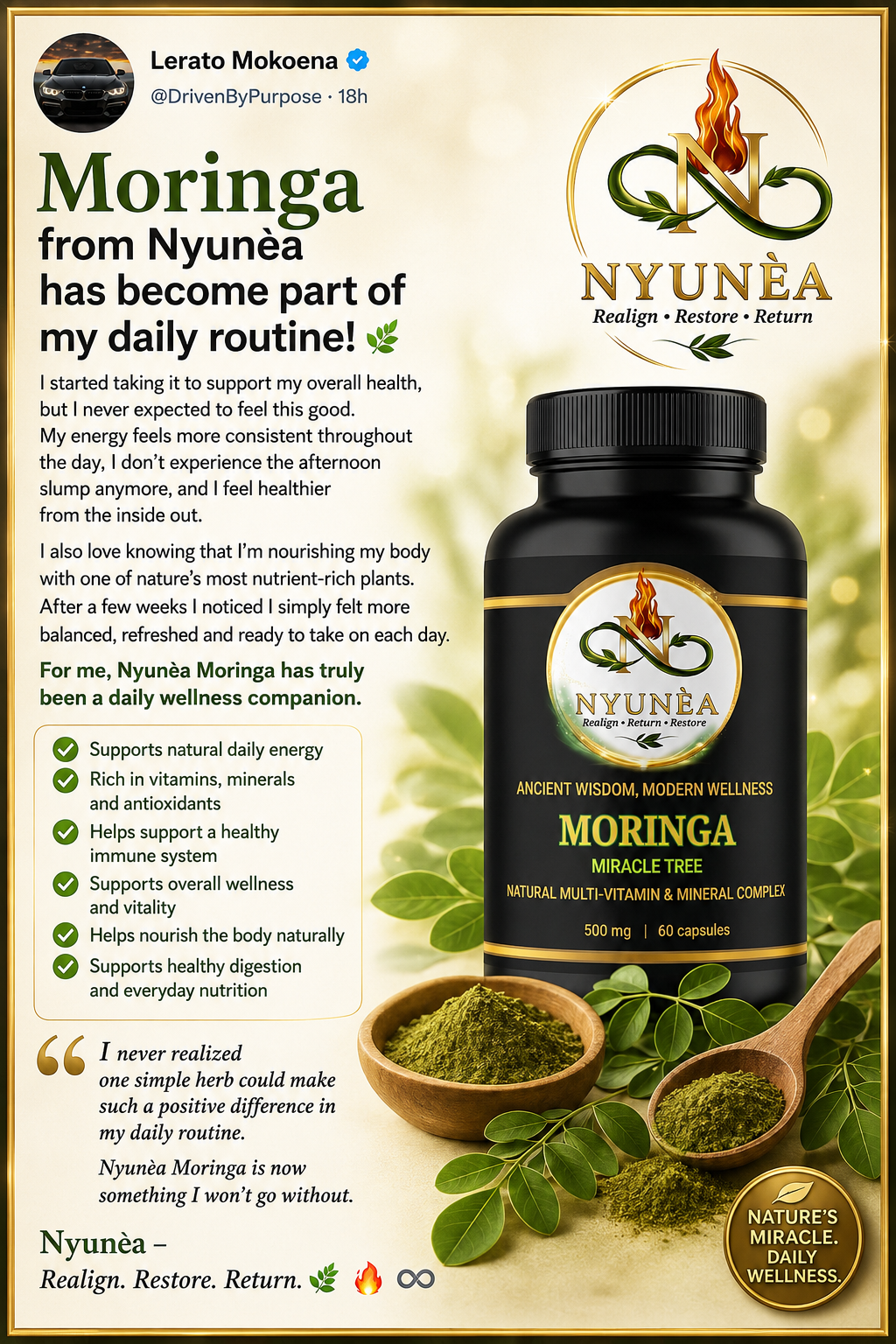 🌿 NYUNÈA®                                                       Moringa Leaf (Miracle Tree)                                 -Immune Booster- (500mg / 60 Capsules)